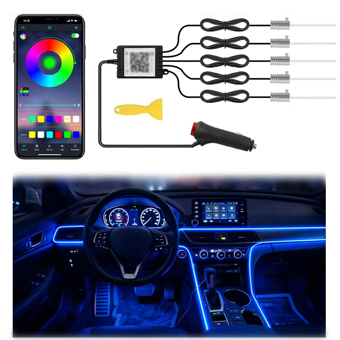 5 in 1 Interior Car LED Strip Lights APP Control