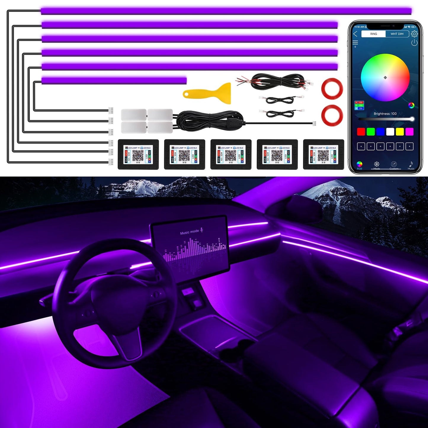 Acrylic Interior Car LED Strip Light with Wireless APP