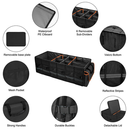 Collapsible Trunk Organizer with Lid & Leakproof Cooler Bag Adjustable Dividers