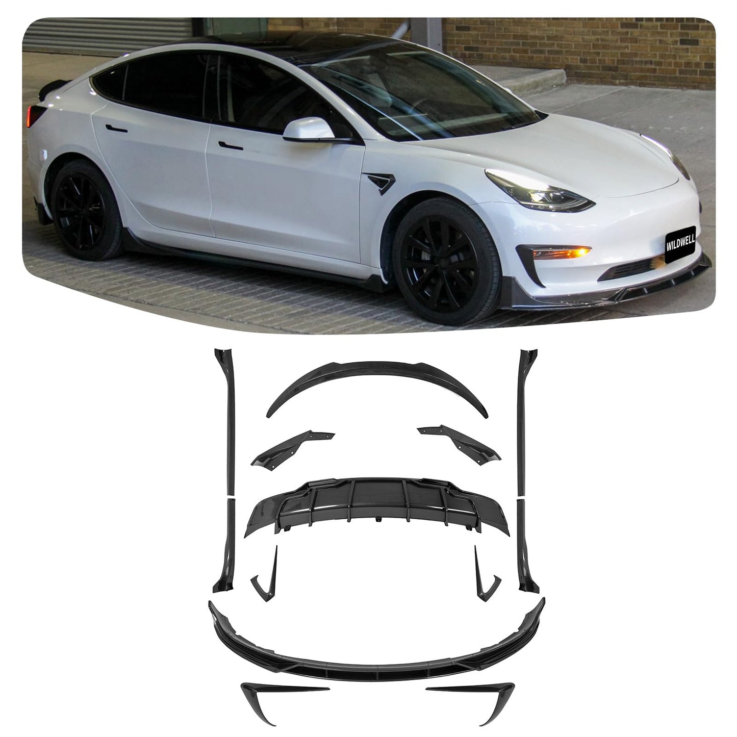 Full Body Kit with Spoiler Diffuser Front Lip & Side Skirts for Model 3 2017–2023