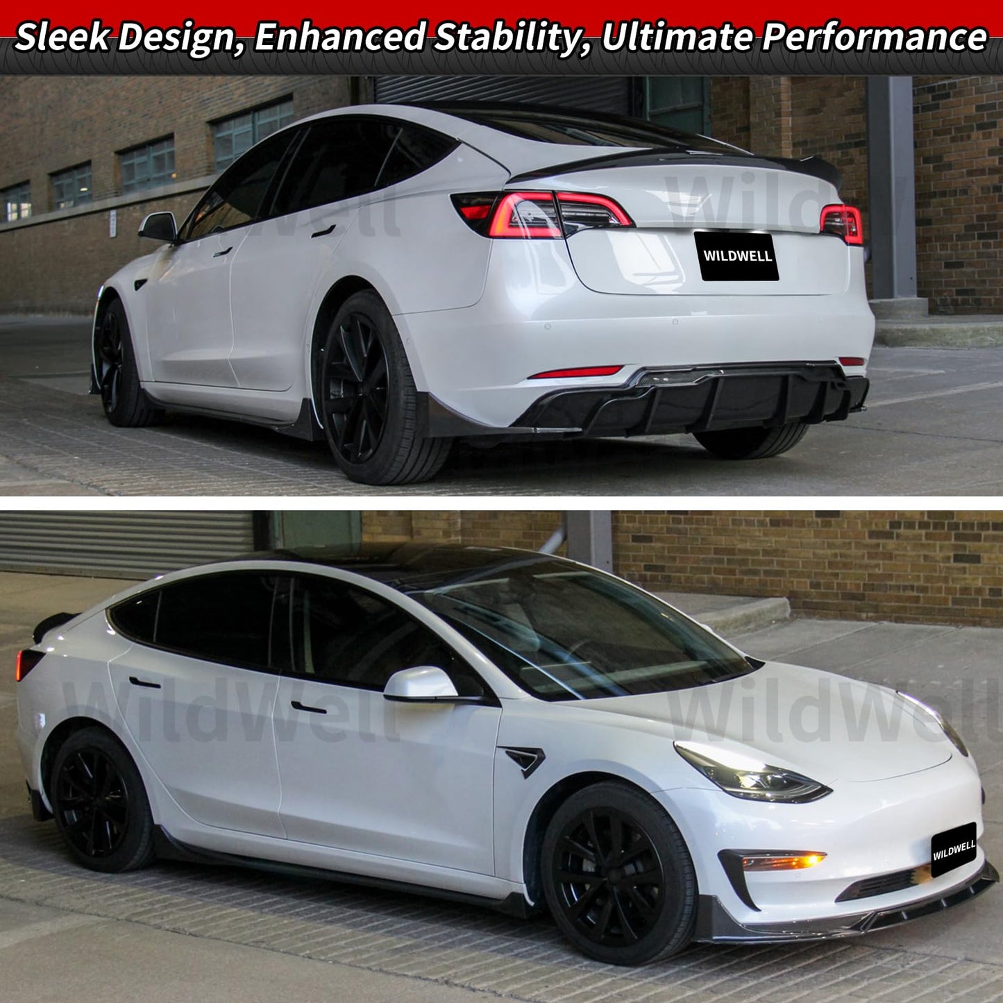 Full Body Kit with Spoiler Diffuser Front Lip & Side Skirts for Model 3 2017–2023