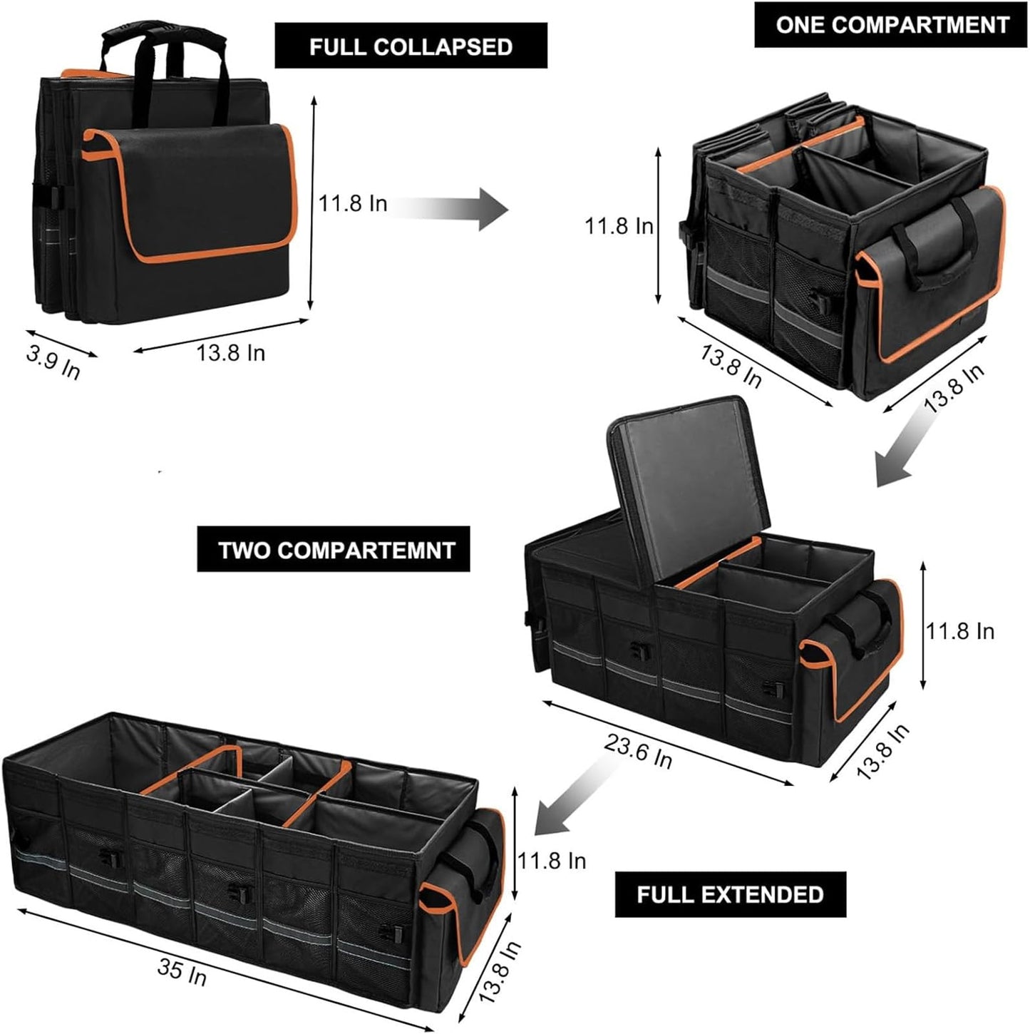 Collapsible Trunk Organizer with Lid & Leakproof Cooler Bag Adjustable Dividers