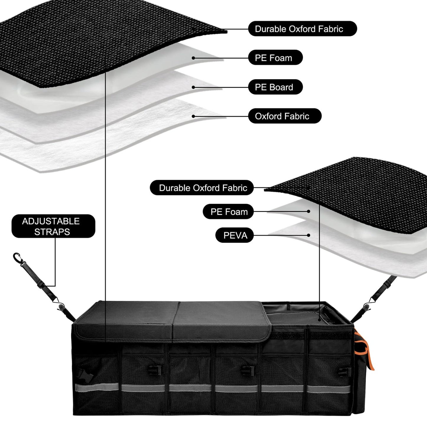 Collapsible Trunk Organizer with Lid & Leakproof Cooler Bag Adjustable Dividers