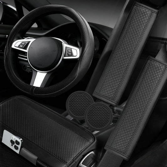 6-Piece Steering Wheel Cover Set Microfiber Leather with Console & Seat Belt Cushions