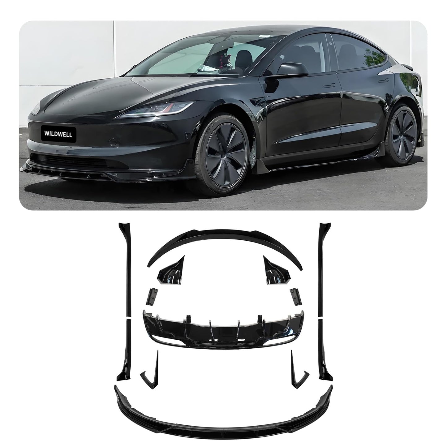 Full Body Kit with Spoiler Diffuser Front Lip & Side Skirts for Model 3 2017–2023