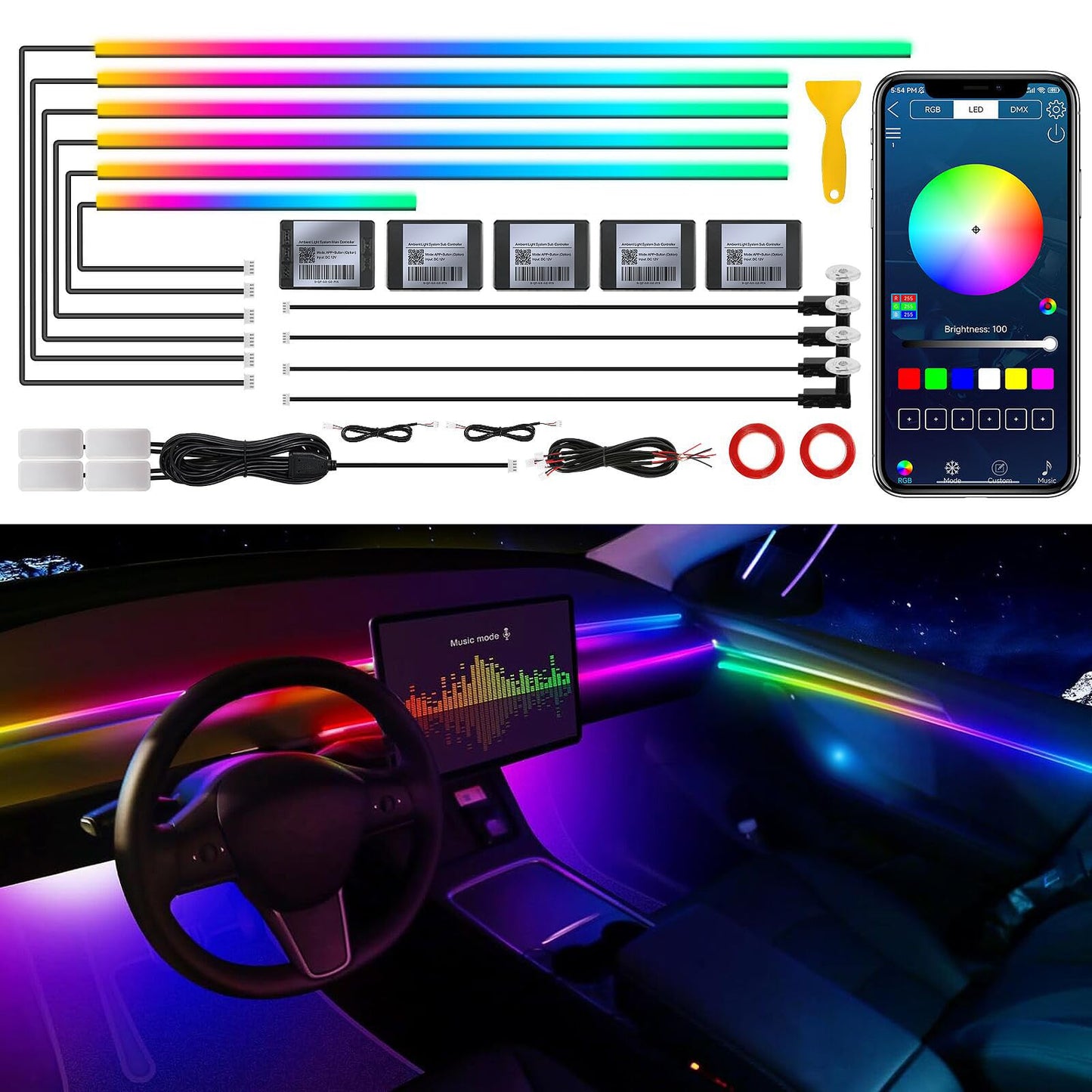 Acrylic Interior Car LED Strip Light with Wireless APP