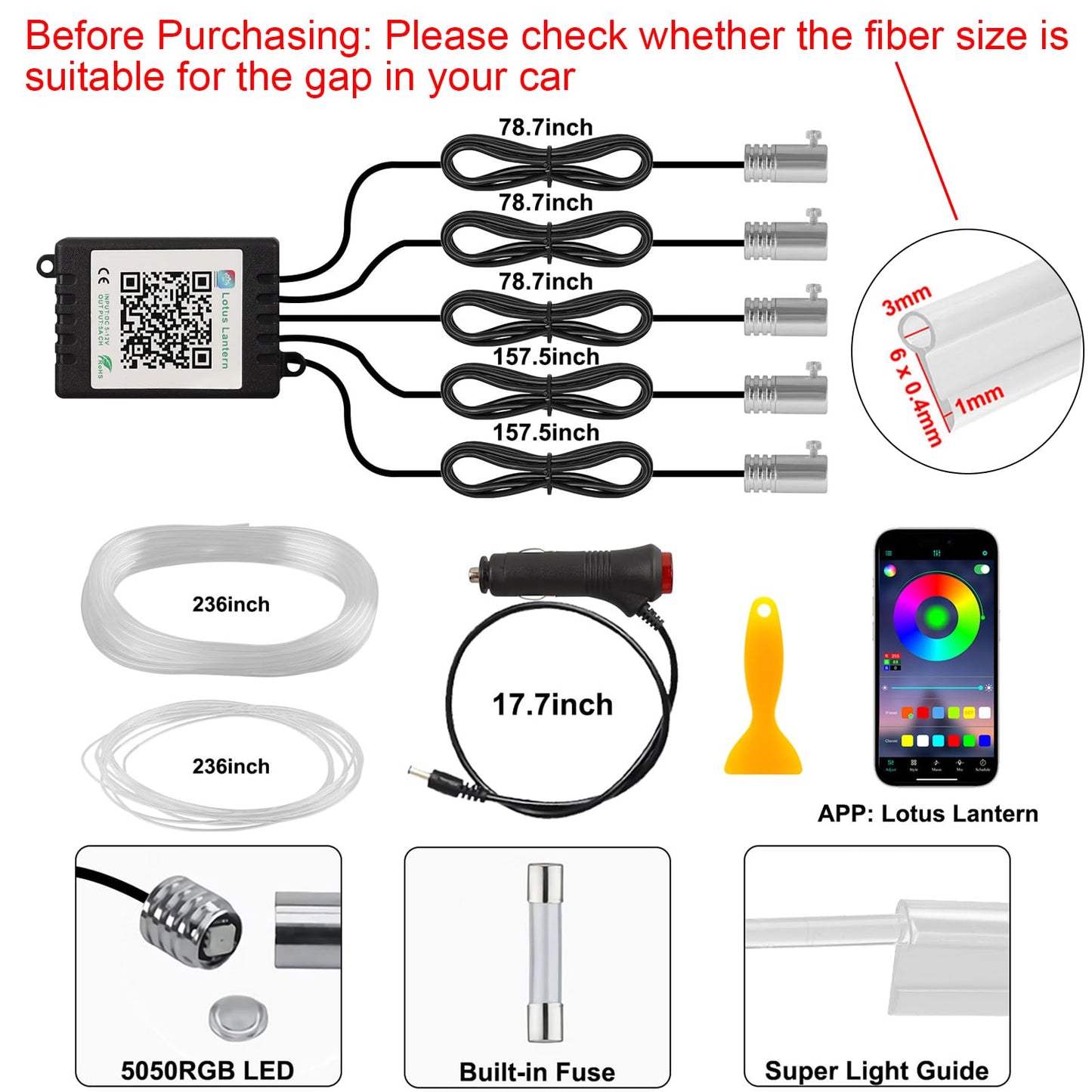 5 in 1 Interior Car LED Strip Lights APP Control