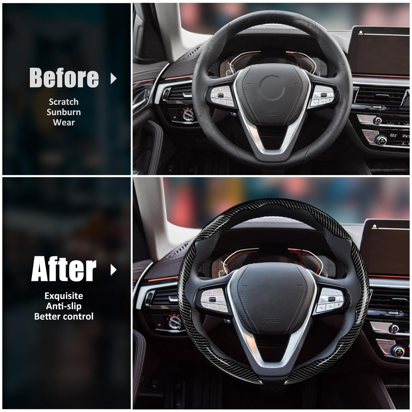 Carbon Fiber Steering Wheel Covers 3 Piece Clip on Steering Wheel Cover