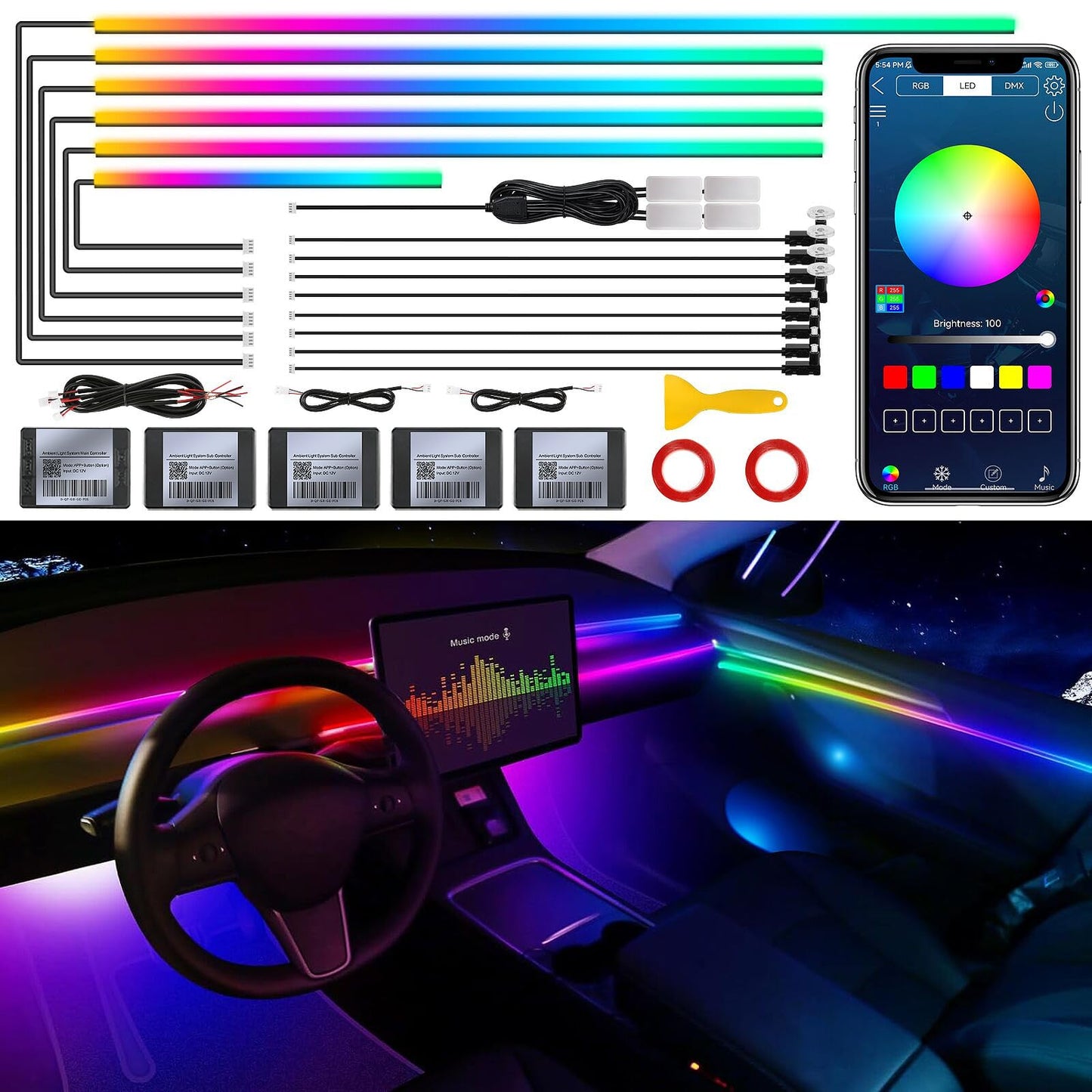 Acrylic Interior Car LED Strip Light with Wireless APP