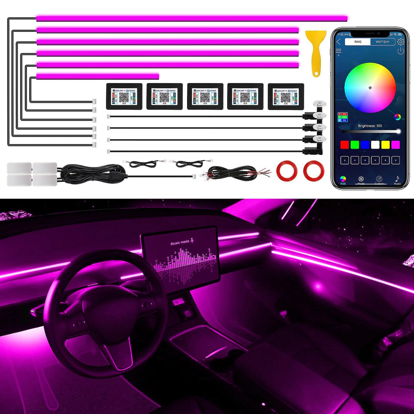 Acrylic Interior Car LED Strip Light with Wireless APP