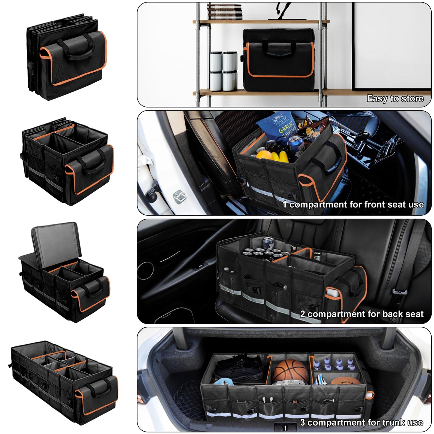 Collapsible Trunk Organizer with Lid & Leakproof Cooler Bag Adjustable Dividers