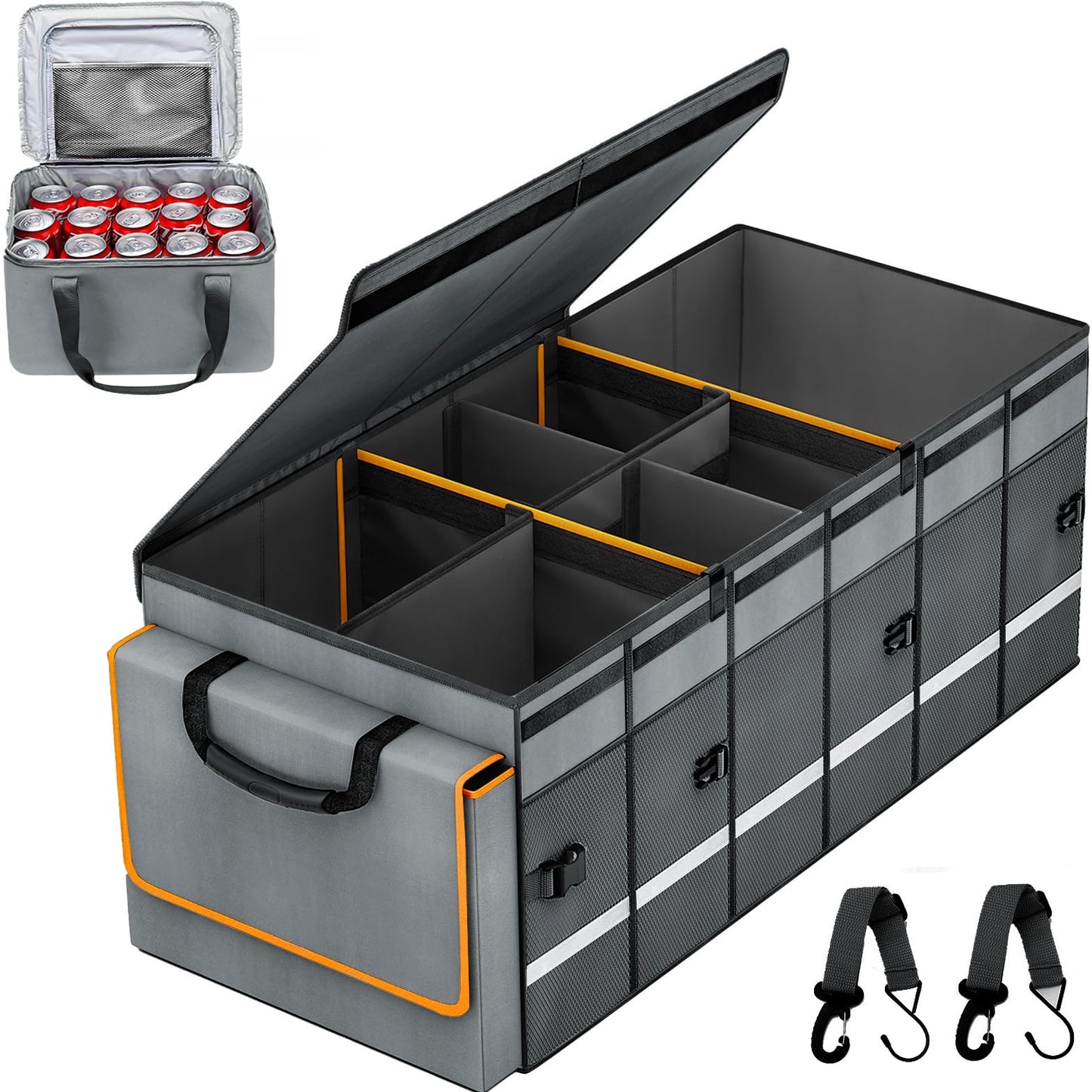 Collapsible Trunk Organizer with Lid & Leakproof Cooler Bag Adjustable Dividers