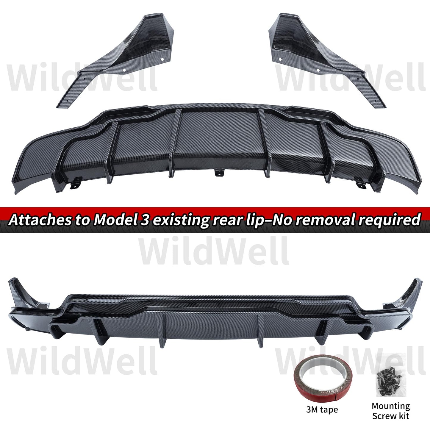 Full Body Kit with Spoiler Diffuser Front Lip & Side Skirts for Model 3 2017–2023
