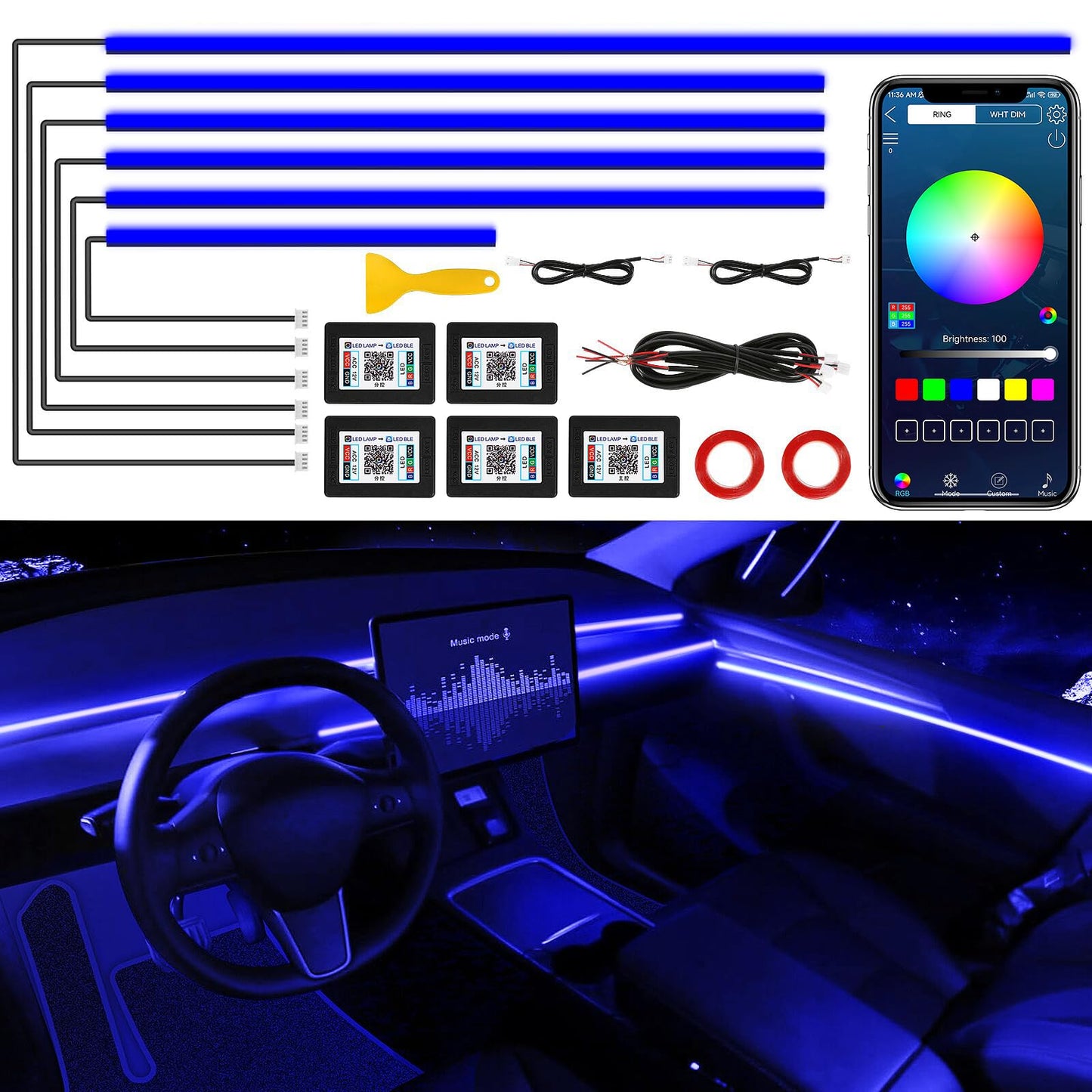 Acrylic Interior Car LED Strip Light with Wireless APP