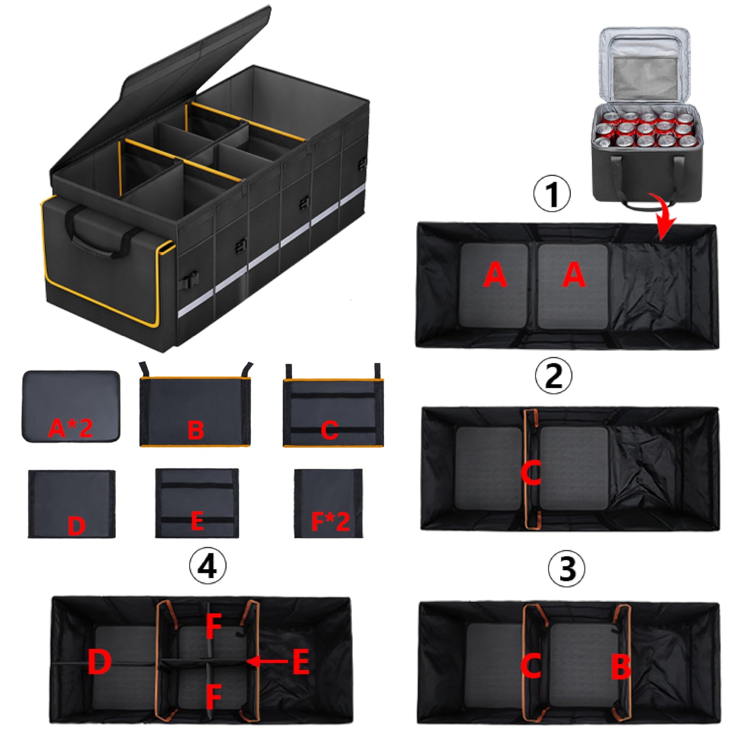 Collapsible Trunk Organizer with Lid & Leakproof Cooler Bag Adjustable Dividers